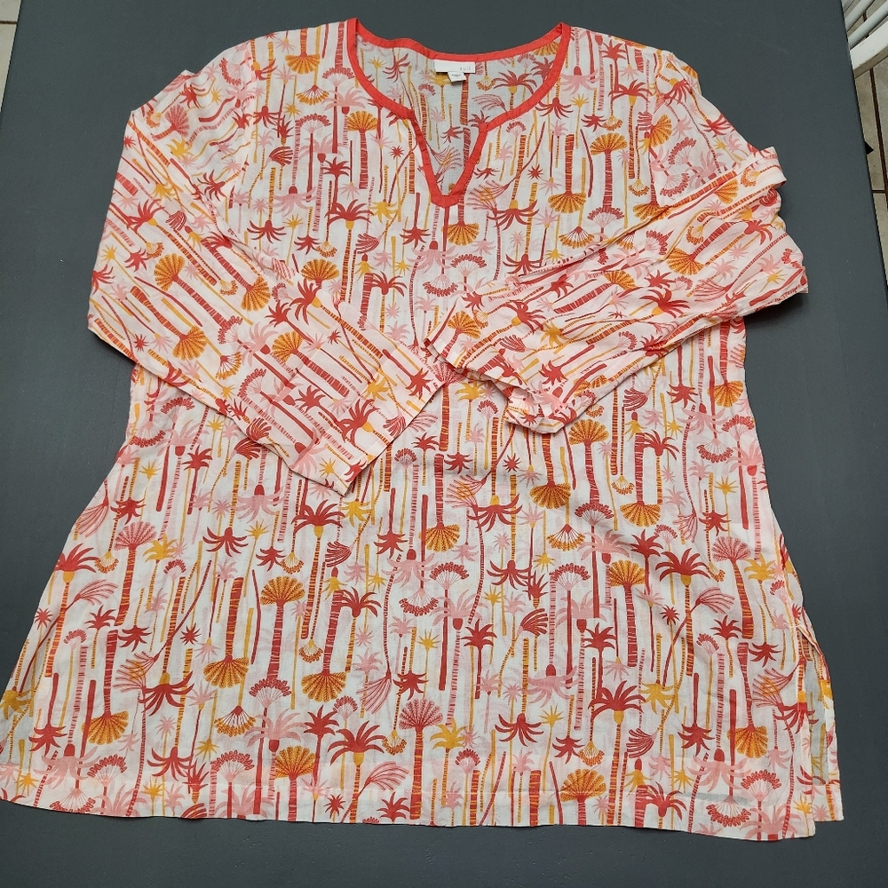 J Jill Tunic Top Women XL Lightweight 100% Cotton Lagenlook Red Palm Relaxed Fit
